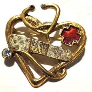 Brooch Healing Gold Heart with Diamond Stethoscope Band-Aid Red Cross 1.75" wide